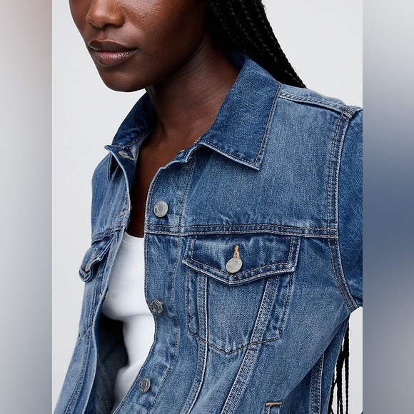 GAP | Women’s Medium Blue Stretch Denim Silver Button Front Trucker Jacket, Sz M - Picture 3 of 16